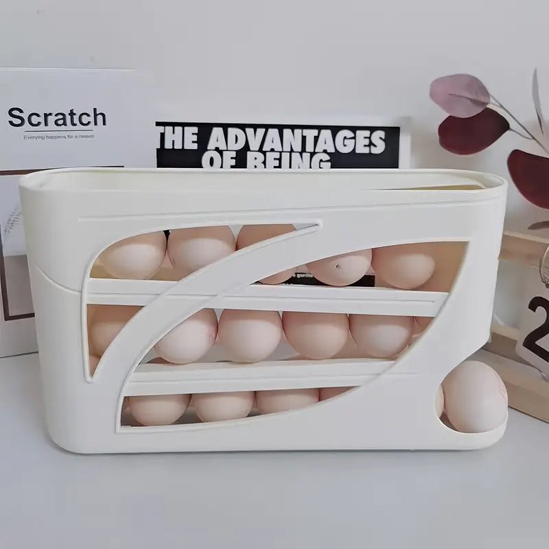 "Rolling Egg Dispenser Rack - Space Saving Kitchen Organizer"